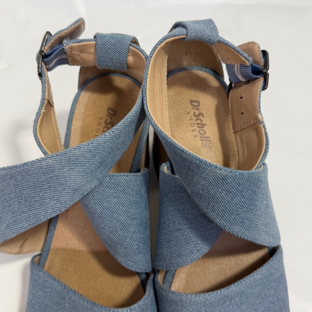 Dr Scholl’s Platform Chunky Heels Ankle Strap Sandals 8 M Blue Denim - Picture 12 of 15
